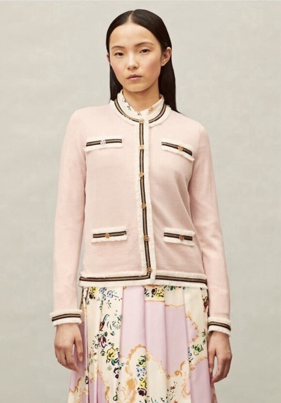 NWOT TORY BURCH Kendra Fringe Button Wool Cardigan Pink Sz XL